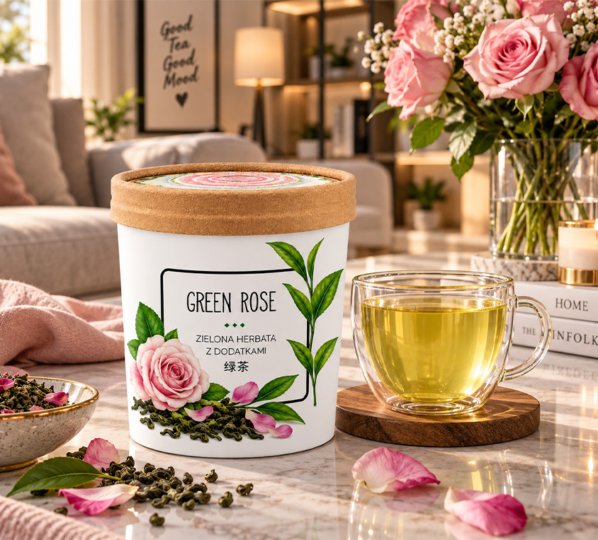 Green Rose Leo Tea – zielona herbata z różą w tekturowym kubku